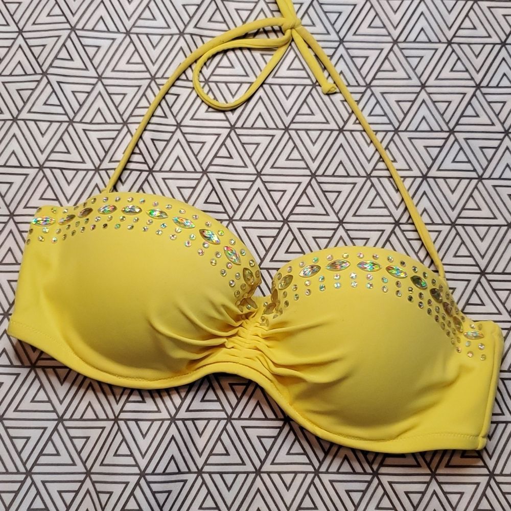 Victoria's Secret 34C Yellow Rhinestone Bling Bikini Top strapless convertible